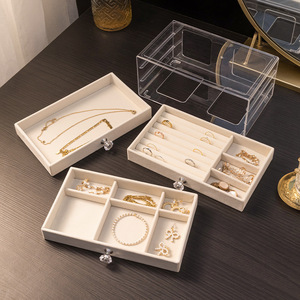 Jewelry Storage <b>Box</b> Three Layer Velvet Acrylic Organizer For Rings Necklaces Earrings Jewelry <b>Display</b> Case Beige Gray Color - Product Image 4