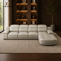Canapé d'angle moderne en cuir véritable beige, trois places, avec appuie-tête réglable, console de rangement et revêtement rembourré