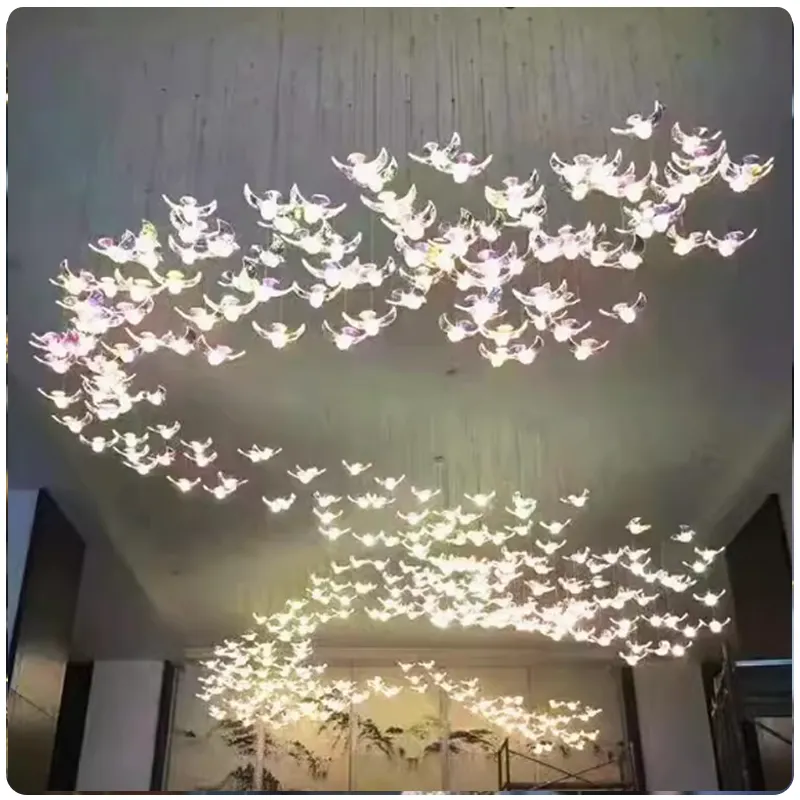Hiện đại ánh sáng mặt dây chuyền bay chim treo ánh sáng khách sạn thủy tinh ánh sáng mặt Dây Chuyền Cầu Thang làm bằng tay đèn chùm thủy tinh cho khách sạn biệt thự