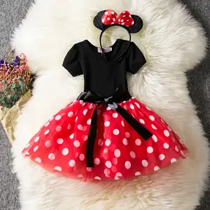 Europäische und amerikanische neue Mädchen Big Dot Mesh Kleid Kinder Kurzarm Prinzessin Pettis kirt Mickey Muster