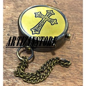 Brass <b>Compass</b> Cross <b>Engraved</b> Portable Hanging Ring Type Pointing Guide Faith Gift with Box - Product Image 2