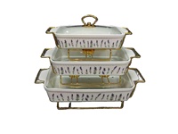 Ensemble de 3 ustensiles de cuisson en céramique : cocotte, plat à four, réchaud à alcool avec support doré