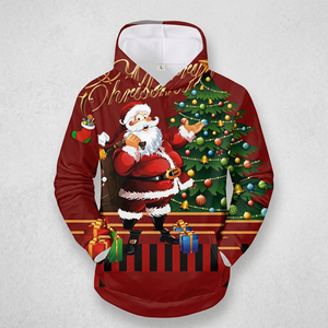 Sweat-shirt d'hiver décontracté pour homme, coupe classique, rouge, imprimé Père Noël et sapin, avec poche kangourou, impression par sublimation - Product Image 1