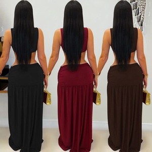 C7597 Vestido largo de fiesta para <span class=keywords><strong>mujer</strong></span>, de moda, sin espalda, fruncido, con abertura alta, color liso, ajustado, para club y fiesta - Product Image 2