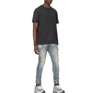 Custom Vintage Washed Slim Fit <b>Jeans</b> Light Blue Faded Denim Trousers Splatter Printed <b>Indigo</b> <b>Jeans</b> for <b>Men</b> - Product Image 2