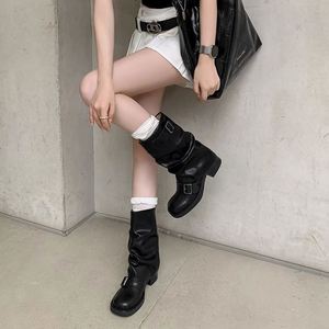 French Vintage Western Cowboy <b>Boots</b> for Women High Block Heel Pleated Ruched Slouchy Mid-calf <b>Boots</b> Martin <b>Boots</b> - Product Image 4