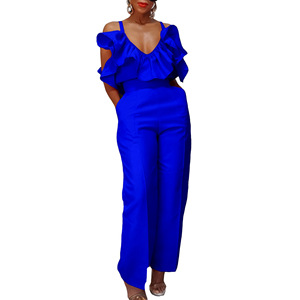 ชุดเซ็ต 2 ชิ้น เสื้อคอวีแต่งระบายแบบผูกคอ กางเกงเอวสูง แฟชั่นสำหรับผู้หญิงสไตล์แอฟริกัน - Product Image 5