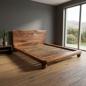Rustic Traditional Solid Teak Handmade <b>Platform</b> <b>Bed</b> <b>Frame</b> with Live Edge Headboard for Home Hotel Villa - Product Image 2