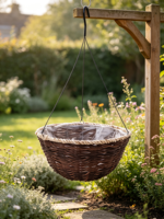 Panier suspendu rond en osier brun foncé, bord en corde beige, doublure en plastique, 3 crochets métalliques, pot de fleurs de jardin