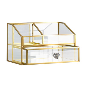 Cocostyles custom handmade luxury 4 tiers drawers type glass and brass storage box with handles for cosmetics box makeup
