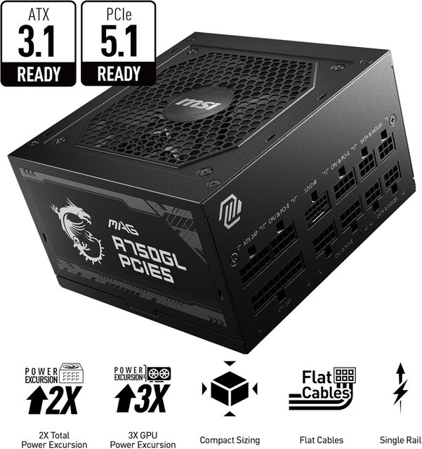 For MAG A750GL PCIE5 Fully Modular Compact Gaming 750W Power Supply 80+ Gold ATX 3.1 & PCIe 5.1 Ready Desktop in Stock