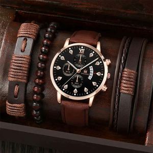 5pcs/set Women's Alloy Digital <b>Watch</b> Set 3BAR Water Resistance Cool Three-eye Quartz Design + XSVO Dial Beaded Weave Bracelet - Product Image 1