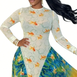 ชุดเดรสแฟชั่นผู้หญิง ดีไซน์เก๋ไก๋ พิมพ์ลายต่อกัน ทรงเอ กระโปรงทรงเอ คอกลม แขนยาว ผ้าบางเบา ให้ลุคสดใส - Product Image 2