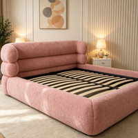 Lit de rangement rembourré rose en tissu Teddy Bear avec vérin à gaz et système de levage, taille personnalisée, vente en gros d'usine