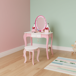 Ensemble de table de toilette pour enfants avec miroir rotatif à 360 degrés et tabouret pour enfants, design traditionnel en bois D0100HA5V4W - Product Image 2