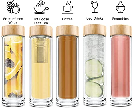 14oz Tea Bottle with Infuser Double Wall High Borosilicate Glass with Strainer & Infuser 400ml
