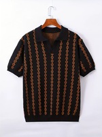 Polo en maille décontracté pour homme, motif jacquard losanges gaufré vintage, col à revers, manches courtes, pull en maille pour l'été