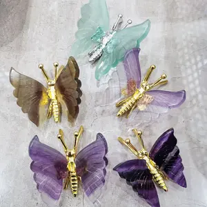 Wholesale Natural Crystals Carving Craft Rainbow Fluorite Butterfly For Home Decoration