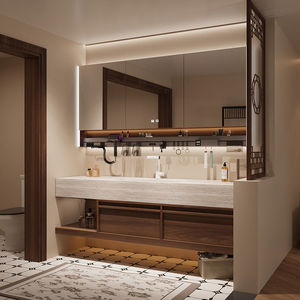 Meuble de salle de bain en bois massif de style chinois traditionnel, avec plan de travail en pierre naturelle, lavabo intégré en céramique et miroir intelligent - Product Image 6