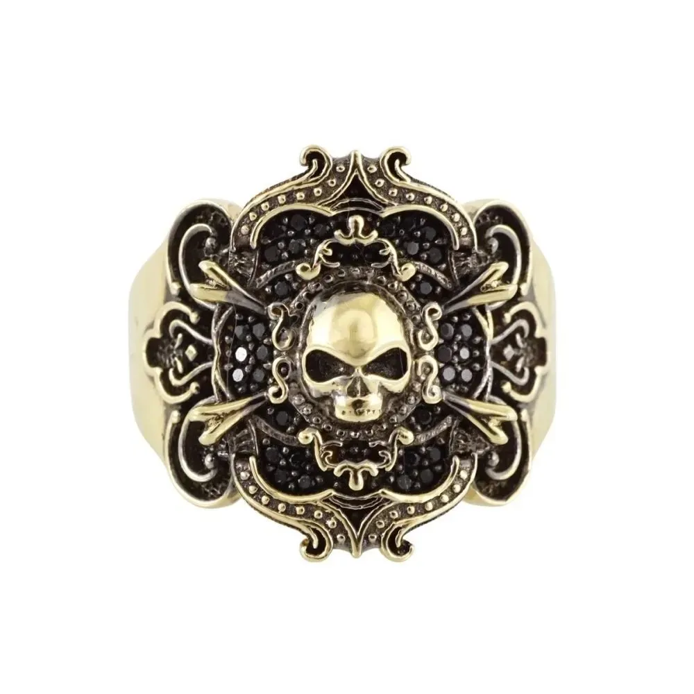 Punk Style Custom Hip Hop Jewelry 14K Real Yellow Gold Plated 925 Sterling Silver Black VVS Moissanite Diamond Skull Gold Ring