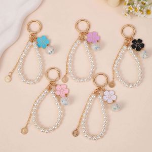 Fashion Pearl Wristlet Keychain with Enamel Flower Charm Crystal Bead Gold <b>Key</b> <b>Ring</b> <b>for</b> <b>Women</b> Handbag Purse Accessories - Product Image 3