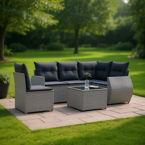 <b>Grey</b> Pe Rattan Garden Sofa Set Steel <b>Frame</b> 6 Seater Contemporary Outdoor Furniture - Product Image 2