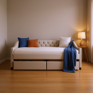 Divano letto imbottito beige a grandezza naturale con due cassetti e supporto a doghe in legno, letto morbido tradizionale - Product Image 2