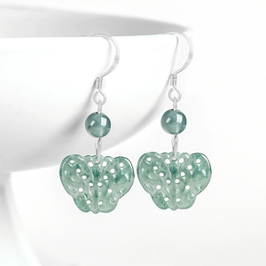 Pendientes de plata S925 con esmeralda natural azul agua y diseño de mariposa - jadeíta de grado hielo, estilo antiguo para mujer - Product Image 2