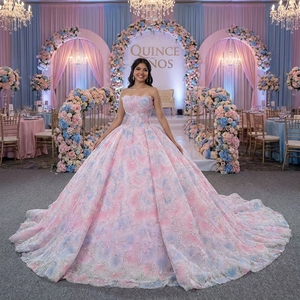 ชุดราตรีงาน Quinceanera รุ่น Dy6993 สีชมพูลายดอกไม้ แบบเกาะอก คอรูปหัวใจ ประดับกลิตเตอร์ กระโปรงบานระบายชายระบาย  พร้อมชายกระโปรงสั้นแบบ Train ยี่ห้อ Jancember - Product Image 1