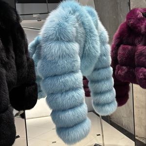 Cappotto Bomber in <span class=keywords><strong>pelliccia</strong></span> corta blu 2025 invernale in vera <span class=keywords><strong>pelliccia</strong></span> di volpe tinta <span class=keywords><strong>con</strong></span> abiti lunghi - Product Image 3