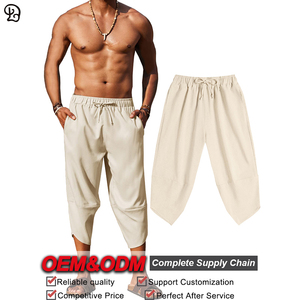 Pantalons Capri Harem <span class=keywords><strong>en</strong></span> Coton et <span class=keywords><strong>Lin</strong></span> <span class=keywords><strong>pour</strong></span> Hommes Personnalisés Légers et Amples Shorts 3/4 avec Cordon de Serrage Taille Élastique Décontractés Plage Bohème Yoga - Product Image 3