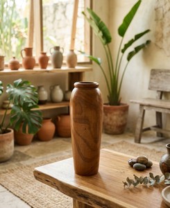 Clásico Jarrón Vas Guci de Madera de Teca de 12x25cm con Acabado Base de Agua para Decoración del Hogar - Product Image 1