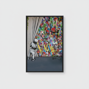Printed Canvas Art: Graffiti Glass Wall Hanging with Banksy Boy,<b>BLACK</b> <b>FRAMED</b> CANVAS - Product Image 2