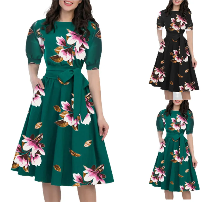 Floral Print Vintage Dress Women Spring Style Half Sleeve Big Swing Party Dresses Plus Size Casual Dress