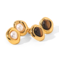 Boucles d'oreilles tendance pour femmes en acier inoxydable avec pierre œil de tigre ovale et perle, bijoux minimalistes à la mode