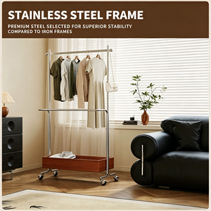 Minimalist Rolling Garment <b>Rack</b> With Wooden Storage Box Stainless Steel <b>Clothes</b> Rail Mobile Clothing Stand For Retail Display - Product Image 4