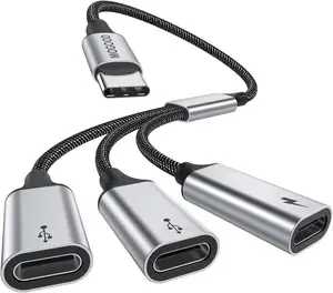 Adaptador USB C para USBC fêmea Divisor USB Y cabo 3 USB-C conversor de cabo fêmea 3 portas hub carregador adaptador de energia dividido