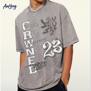 T-shirt en coton épais 260G pour homme, style vintage délavé, motif graphique, streetwear américain rétro, coupe ample, manches courtes, personnalisable - Product Image 1