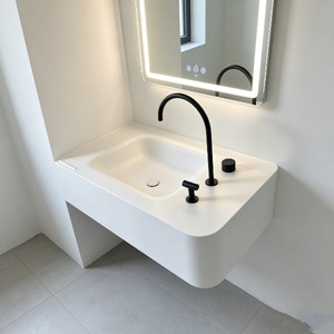 Lavabo de Baño Integrado de Piedra Artificial Personalizado OEM, Mueble de Baño de Superficie Sólida Acrílica con Ranura de Drenaje para Hotel o Villa - Product Image 6