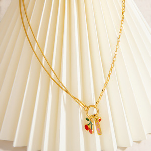 สร้อยคอจี้แฟชั่น สแตนเลส รูปหัวใจเชอร์รี่ สองชั้น สำหรับผู้หญิง งานปาร์ตี้ เครื่องประดับ - Product Image 3