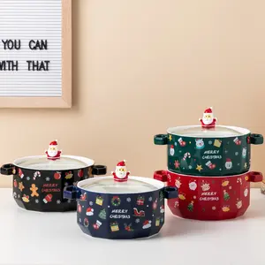 Bát Ramen Giáng Sinh Bằng Gốm Phổ Biến Có Nắp Thủy Tinh Quà Tặng Ông Già Noel Bộ Bát Hai Tai Súp Mì Bằng Sứ Giáng Sinh