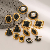 Set Anting Tusuk Berlapis Emas Hitam untuk Wanita, Anting Lingkaran Geometris Vintage dengan Mutiara dan Enamel, Perhiasan Fashion
