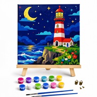 Kit de Peinture sur Toile pour Enfants DIY – Peinture par Numéros – Motif Phare Imprimé Numérique – Dessin Animé Moderne Encadré 20x20cm – Coffret Cadeau Coloré