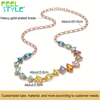 Collier fantaisie géométrique entièrement personnalisé avec pierres précieuses CZ colorées, chaîne ovale en acier inoxydable 316 plaqué or PVD épais