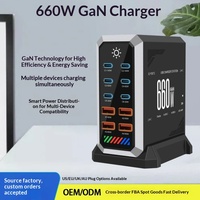 Station de charge de bureau verticale 660W GaN avec écran intelligent et marquage LED, Hub d'alimentation industriel noir 10 ports 6C+4A
