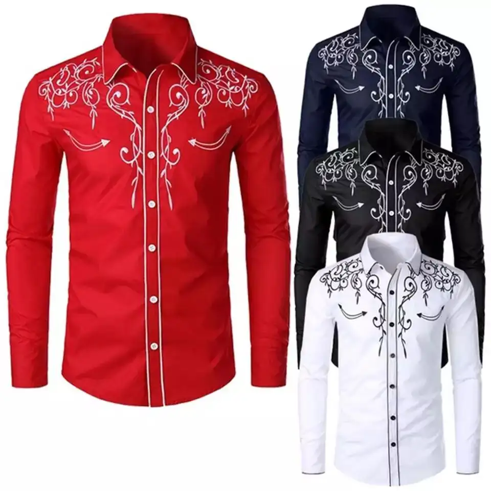 Stylish Western Cowboy Shirt Men Brand Design Embroidery Slim Fit Casual Long Sleeve Shirts Mens Wedding Party Shirt for Male