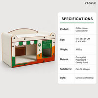 YAOYUE Maison à chat en carton ondulé, thème café, avec griffoir, auvent festonné et base en panneau de densité