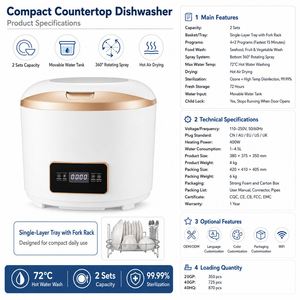 Lave-vaisselle compact de comptoir pour 2 couverts avec réservoir d'eau amovible, 360 °   Séchage à chaud par pulvérisation, technologie PTC, 4+2 programmes de lavage - Product Image 5