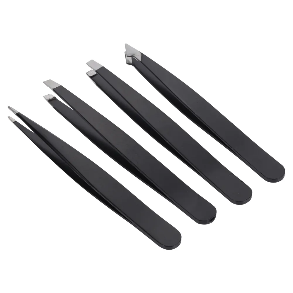 Private Label Stainless Steel Satin 4 Pieces Eyebrow Tweezer Kit Pointed Curved Beauty Instruments Eyebrow Extension Tweezers