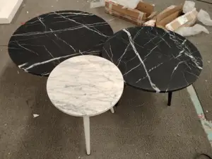 SHIHUI Natural Stone Modern Marble Living Room Furniture Round Black Marble Tea Center Coffee Table Set Luxury For Sofa